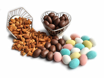 Milk Chocolate Covered Almonds coated with a colored candy shell